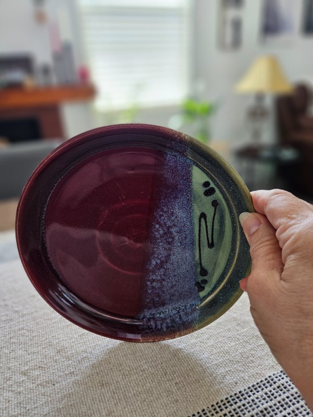 Handmade Ceramic Decorative Plate in Burgundy, Green & Blue Glaze signed